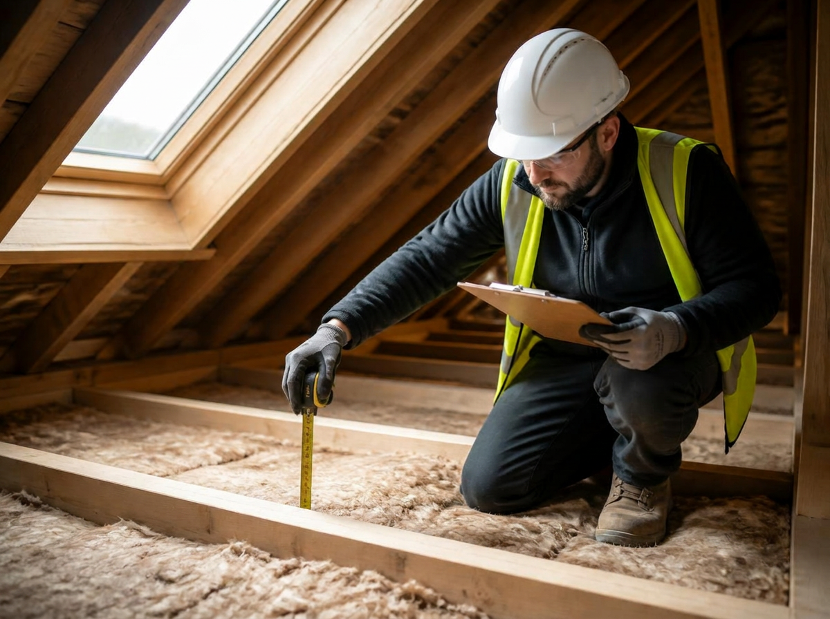 Certified Carbon Save surveyor measuring existing loft insulation depth during a free Yorkshire home survey