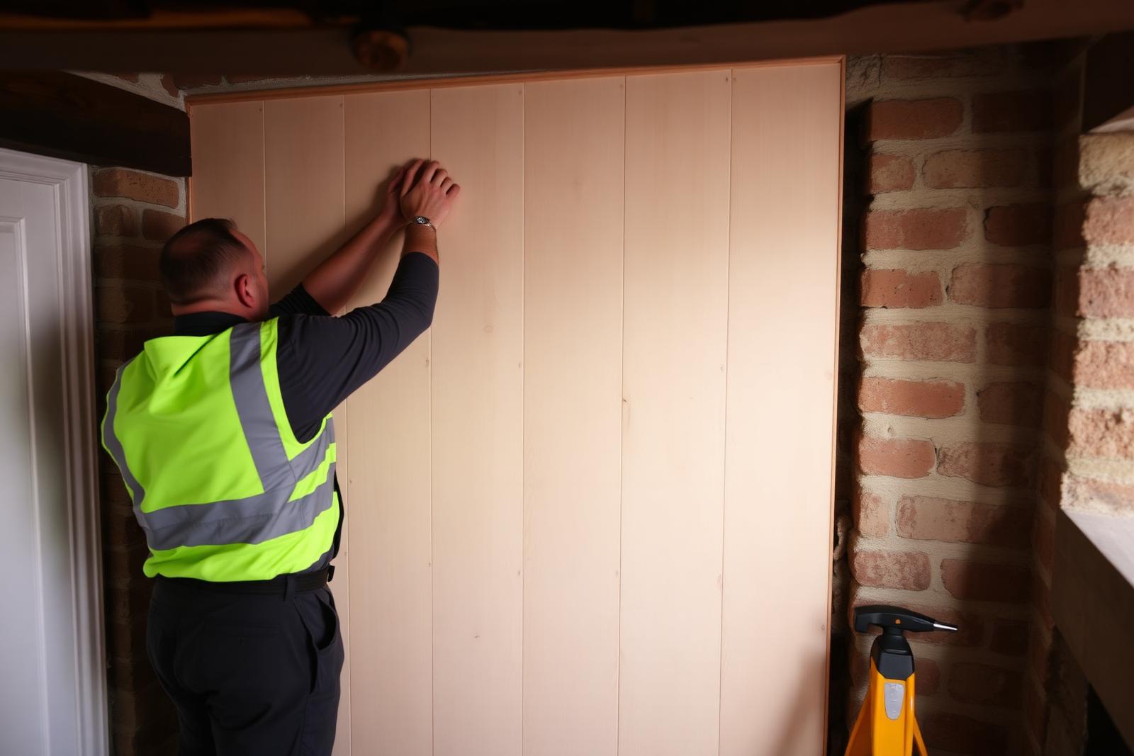 Installer fitting internal wall insulation boards inside a Yorkshire home